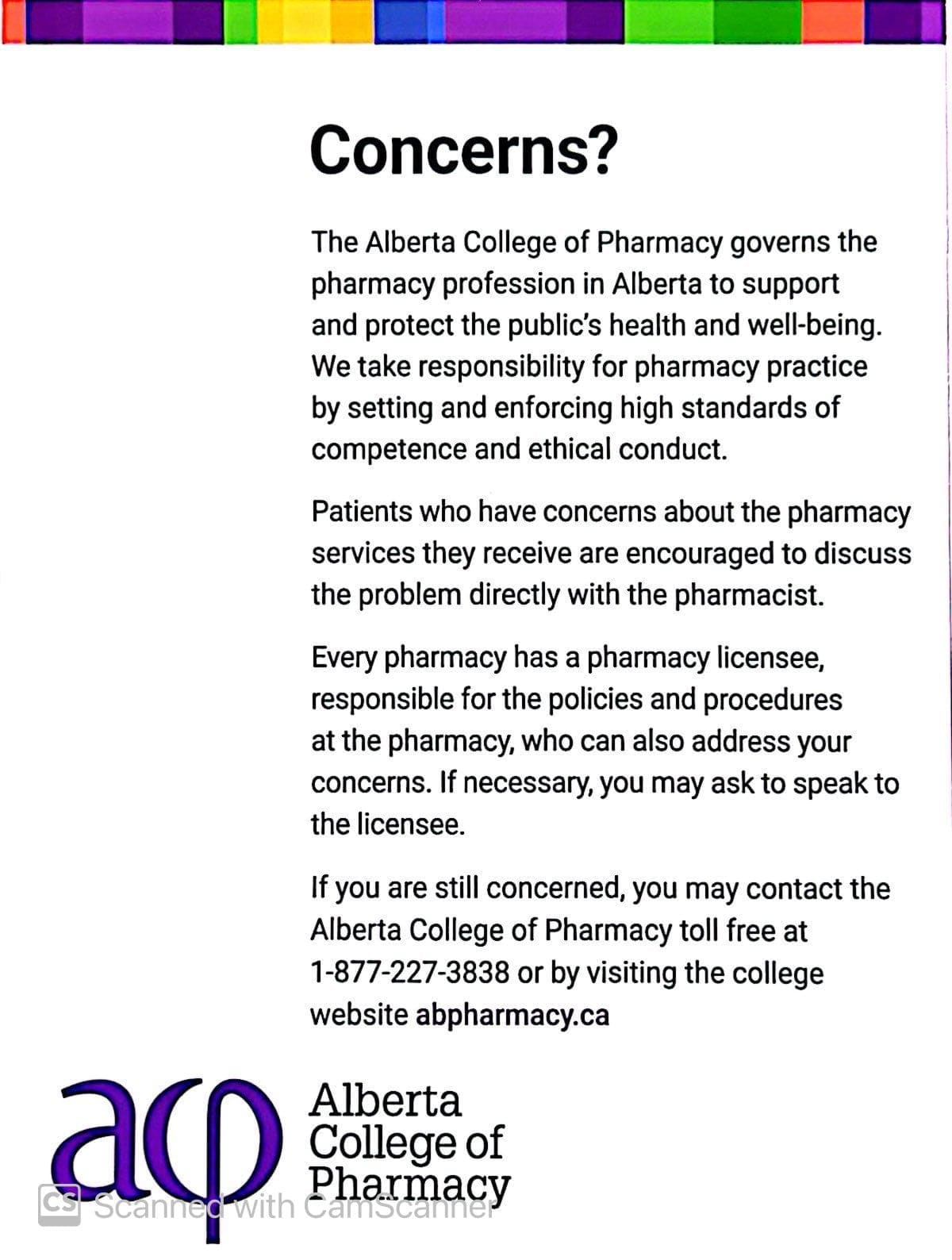 Alberta College of Pharmacy patient concerns notice with contact information.