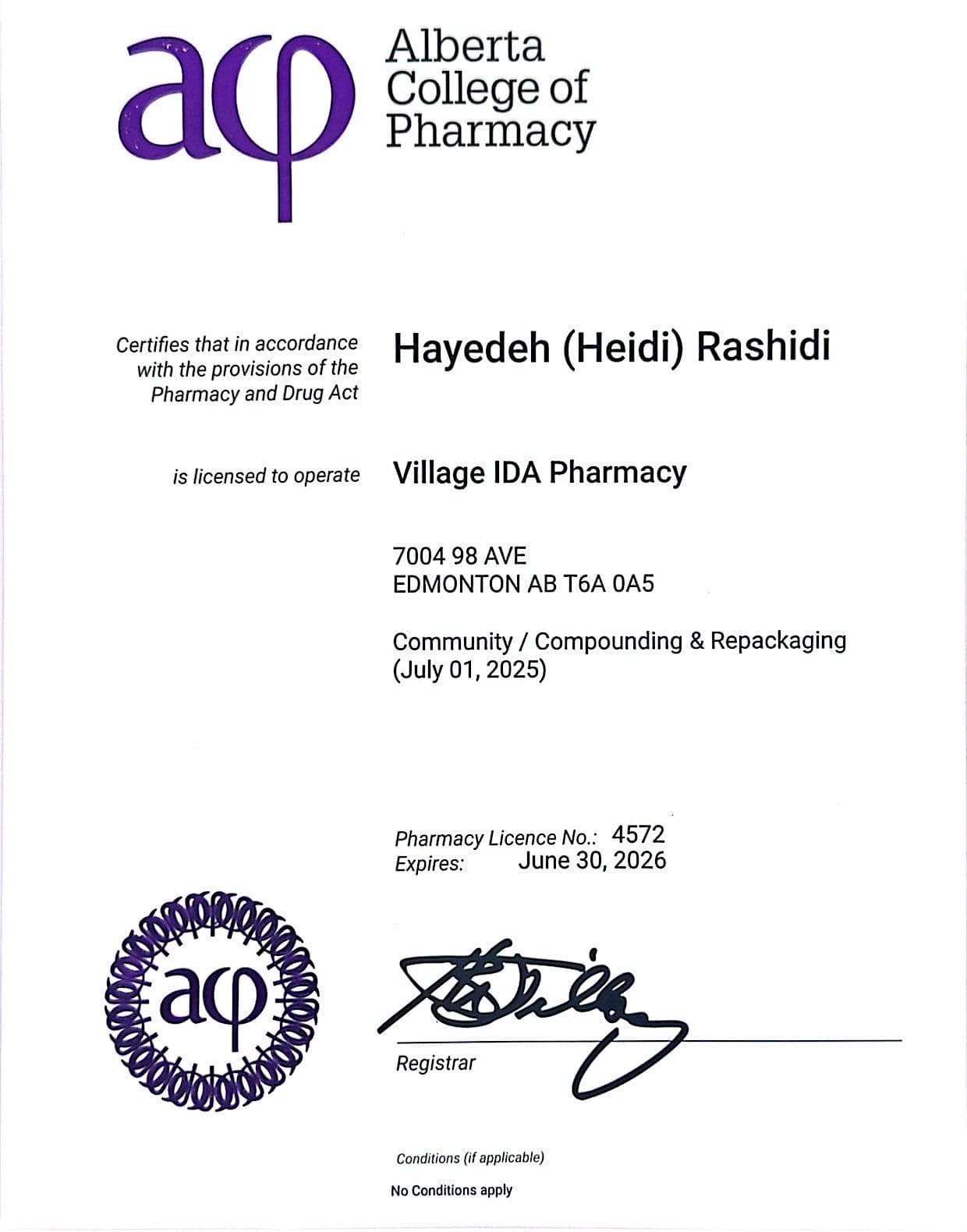 Alberta College of Pharmacy licence for Village IDA Pharmacy, licence number 4572, expiring June 30, 2026.